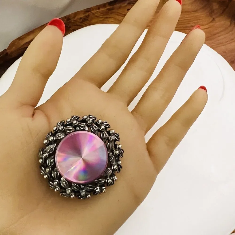 Jewelarama Brooch Prism Round Pinkish Reflective Dark Silver Tone 4156
